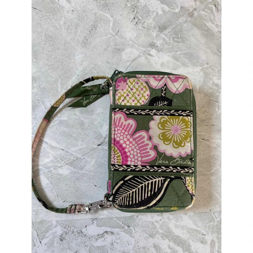 Vera Bradley All In One Crossbody Wallet Wristlet Green Pink Floral Quilted - Picture 3 of 8